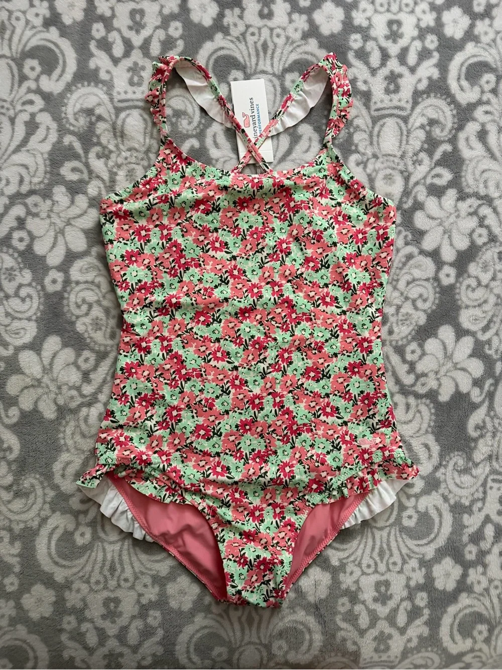 NWT! Vineyard Vines Kids Floral One-Piece Swimsuit in Coral and Mint -  Size L